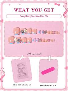 Sanrio Hello Kitty 24pcs Short Square French Style Press-On Toenails, Cute Hello Kitty Rhinestone Flower Design, Summer Style, Perfect Fit Acrylic Fake Toenails, Includes 1pc Jelly Glue And 1pc Nail File, Suitable For Girls' Daily And Party Use - Multicolor - View 4