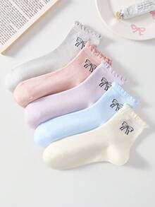 5雙女款蝴蝶結圖案荷葉邊襪子，芭蕾風中筒襪，柔軟舒適，適合四季穿著 - 彩色 - 查看 12