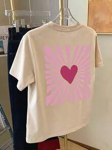 Es Trus 大尺碼女款夏季「Love, Wave Radiation Pattern」圖案印花街頭 Y2K 風格杏色圓領大號短袖休閒上衣 - 杏色 - View 5