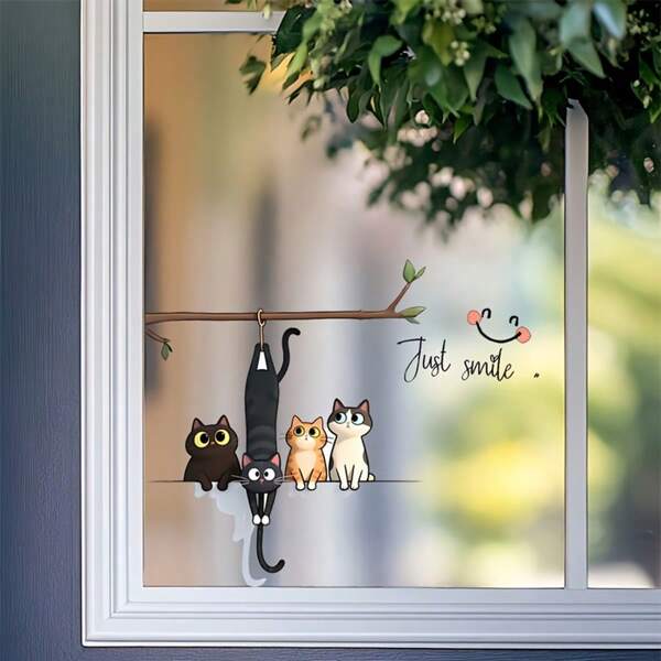 1/3pcs Cute Cartoon Kitten Wall Stickers With The Positive Motto "Just Smile," Waterproof Self-Adhesive Paper, Suitable For Bedroom, Bathroom, And Children's Room Decoration.