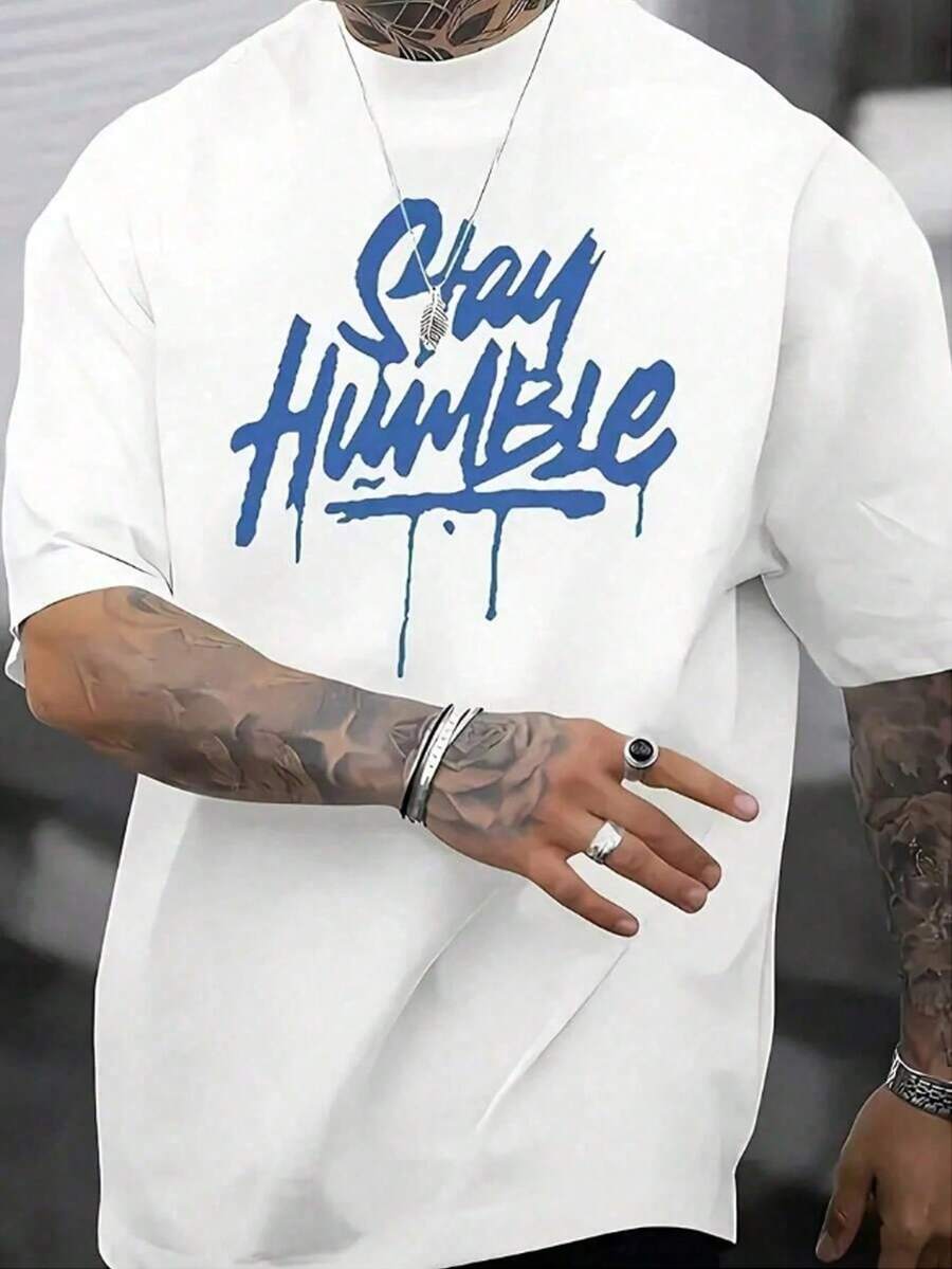 Plus Size Men's Short Sleeve T-Shirt, Blue Letter Graphic Shirt, Comfortable Daily Wear, Suitable For Shopping, Leisure Or Outdoor Activities, Stretch - Negro - Ver 1