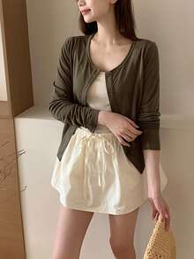 Minimalist Daily Versatile Single-Breasted Knit Cardigan, Slimming - Dark Green - View 4