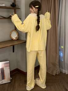 2pcs/Set Women's Pajamas Loungewear Set, Korean Style Casual Plaid Print Matching Set, Long Sleeve Long Pants, Suitable For Home And Casual Wear - Yellow - View 3