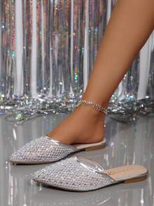 Zapatos cómodos y versátiles de moda para mujer, de unicolor con decoración de strass y punta puntiaguda - Plateado - Ver 10