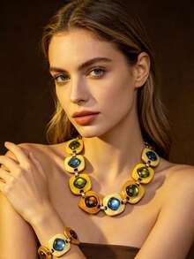 1 Necklace 1 Bracelet French Vintage Enamel Jewelry Square Colorful Gemstone Necklace Bracelet Warm Tone Vintage Luxury Daily Wear Women's Jewelry Accessories - Multicolor - View 3