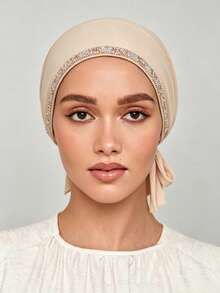 1pc Women's Solid Color Rhinestone Lace-Up Elastic Tie Headscarf With Lining - B-hot Rhinestone Beige - View 3