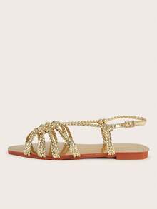 Gold Handmade Woven Strap Fashion Women's Flat Sandals, Random Woven Pattern - Gold - View 3
