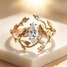 Anillo Creativo de Rama Ancha & Pájaro, Chapado en Oro de 18K, Anillo de Estilo Pastoral para Mujer, Joyería de Fiesta Nocturna con Circonita en Forma de Pera - Dorado - Ver 5