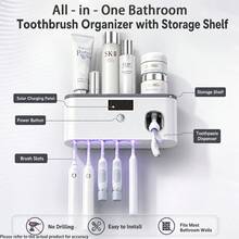 Wall-Mounted Toothbrush Holder With UV Ultraviolet Light, Automatic Toothpaste Dispenser And Large Capacity Storage Rack, Solar Powered No-Drill Bathroom Organizer, Multi-Slot Design, Suitable For Electric And Manual Toothbrushes, Ideal For Daily Home Use - Multicolor - View 7