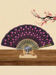 1Pc D EXCEED Lace Spanish Fan, Handheld Chinese Folding Hand Fan For Women Spanish Flamenco Gift With Embroidered Sequin Photo Prop Prom Wedding Decor - A - View 14