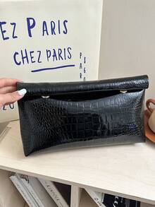 Fashion Solid Color Handbag, Large Capacity Flap Magnetic Closure Small Square Bag, Crocodile Embossed Women's Bag - Black - View 1