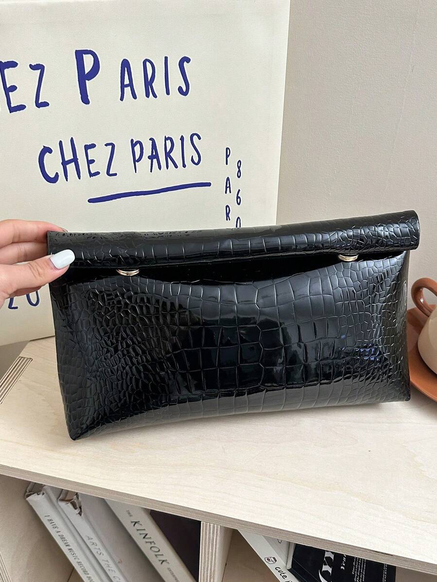 Fashion Solid Color Handbag, Large Capacity Flap Magnetic Closure Small Square Bag, Crocodile Embossed Women's Bag - Black - View 1