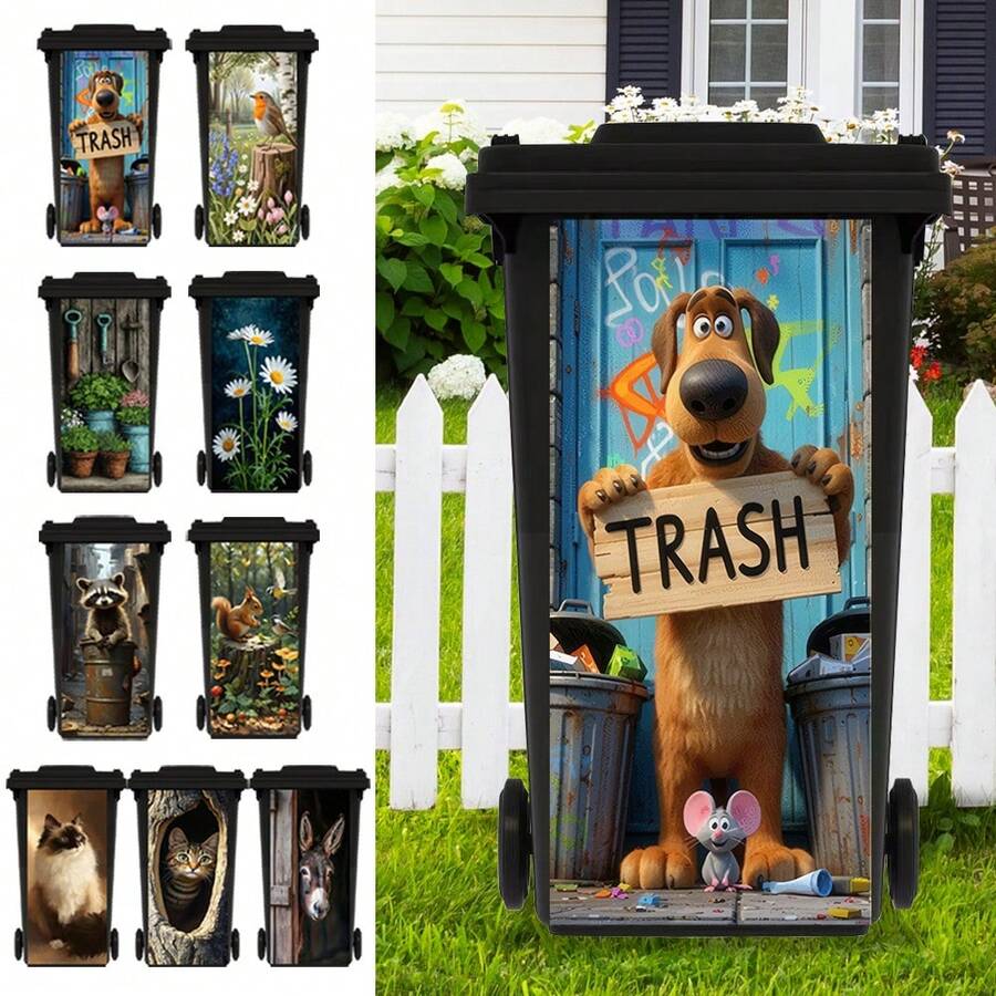 Cute Puppy, Squirrel, Bird Printed Trash Can Sticker, Waterproof PVC Outdoor Trash Can Poster, Tear Off Film Sticker, Available In Four Sizes - 1PC - View 1