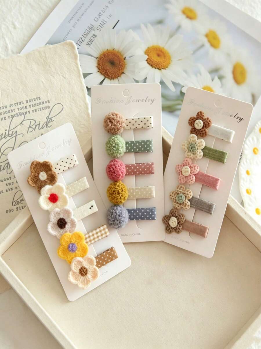 5-Piece Plush Flower Hair Clip Set, Cute Plaid Polka Dot Fabric Hair Clips, Soft Flower Side Bangs Clips, Pastel-Colored Everyday Hair Accessories. - Multicolor - View 1