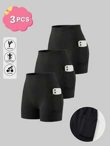 3pcs/Set Teen Girls Casual Basic Yoga Shorts, Seamless High Waist Pocket Patchwork Design Tight Sports Shorts, Suitable For Daily Basic Fitness, Running, Cycling - Black - View 3