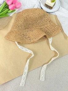 OBOVAY 1件女款素色手工編織草帽，夏季度假海灘蕾絲繫帶防曬草帽，適合日常度假海灘波希米亞拍照 - 純色 - 查看 15