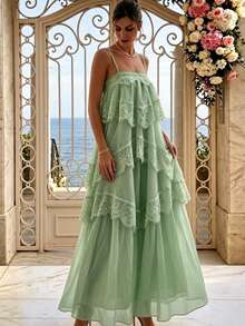 Damen Spitze asymmetrisches elegantes langes Party Rüschen Maxi Kleid, ärmellos Mode, Abschlussball, Abschlussfeier, Urlaubsoutfit Hochzeit Herbst - Minzgrün - Übersicht 10