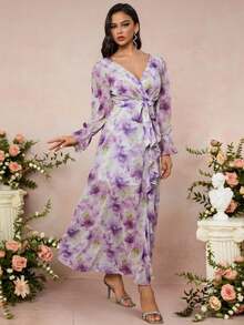 1 pieza Vestido maxi elegante de manga larga con cuello en V, estampado y volantes, vestido formal de lujo para fiesta de graduación, boda y cóctel para mujer - Morado - Ver 7