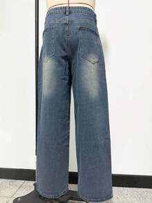 1 buah Celana Jeans Pria Model Longgar Kaki Lebar Gaya Vintage, Tidak Melar, Cocok untuk Pakaian Kasual & Kerja - Biru - View 10