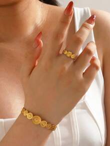 2PCS Stainless Steel 18K Gold Plated Fashion Popular Geometric Round Sun Bracelet & Ring Jewelry Set Suitable For Women's Daily Wear - Multicolor - View 1