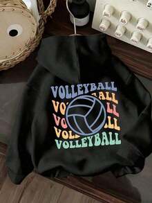 [Sudadera con Capucha Cómoda con Estampado de Voleibol] Sudadera con capucha holgada y casual para mujer con estampado de voleibol. - Negro - Ver 1