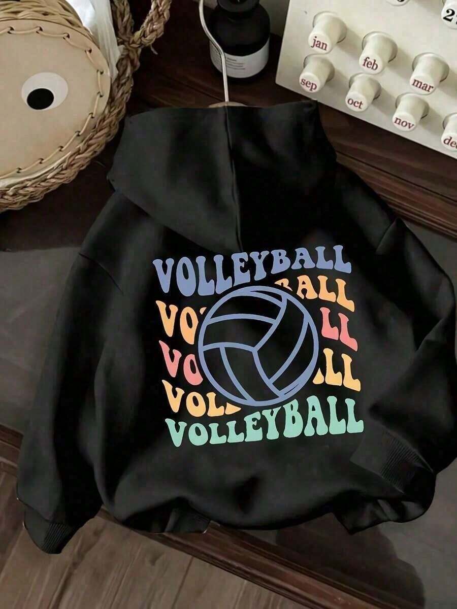 [Sudadera con Capucha Cómoda con Estampado de Voleibol] Sudadera con capucha holgada y casual para mujer con estampado de voleibol. - Negro - Ver 1