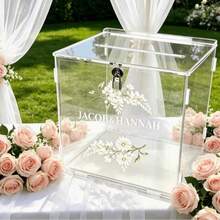 Caja de tarjetas de acrílico transparente, caja de exhibición de tarjetas de boda con diseño floral - Perfecta para bodas, graduaciones, cumpleaños, aniversarios, material de acrílico duradero, suministros para fiestas - 1PC - Ver 1