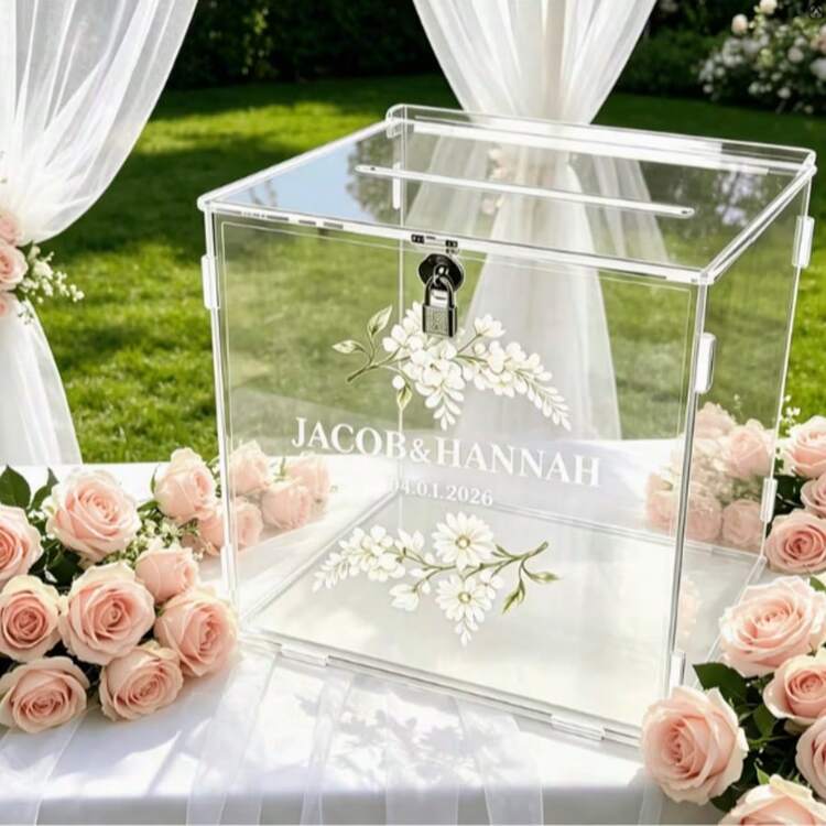 透明壓克力卡片盒，花卉設計婚禮卡片展示盒－完美適用於婚禮、畢業典禮、生日、週年紀念，耐用壓克力材質，派對用品 - 1PC - 查看 1