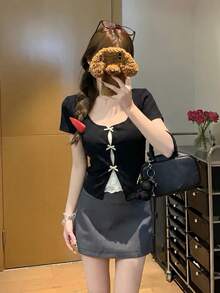 女款夏季蕾絲拼接二合一短袖T恤，適合情人節、春夏度假，黑色 - 黑色 - 查看 2