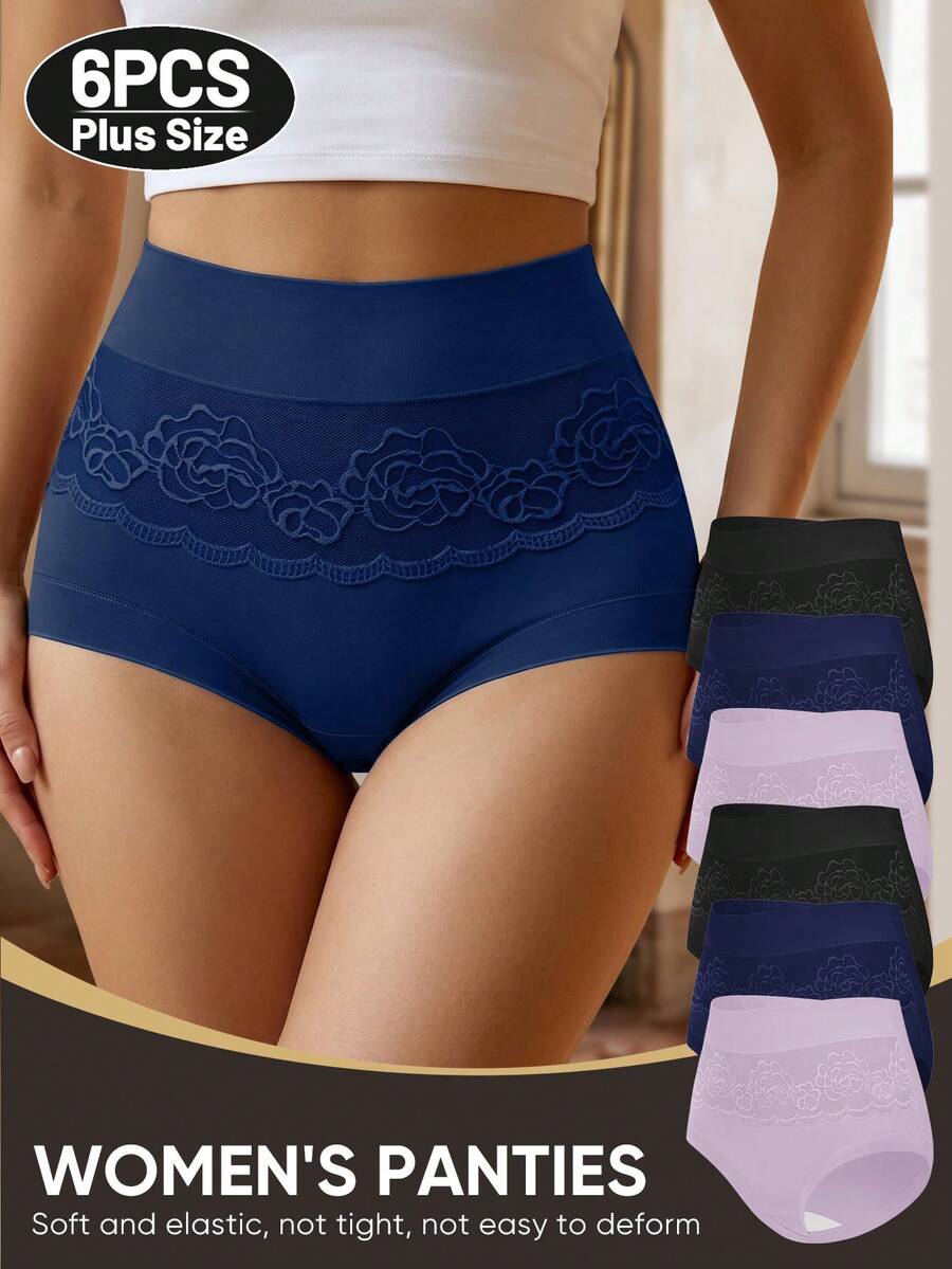MEIYATING 6pcs Celana Dalam Segitiga Wanita Ukuran Besar Pinggang Tinggi Pengontrol Perut Motif Mawar Jala Ketat Warna Hitam
