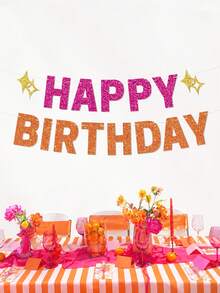 1pc Pink And Orange Glitter Happy Birthday Banner With Gold Stars, Bright Color Birthday Party Garland, Suitable For Girls And Women, Summer Birthday Party Decoration, Photo Backdrop, Dessert Table Party Supplies - Hot Pink Orange - View 1