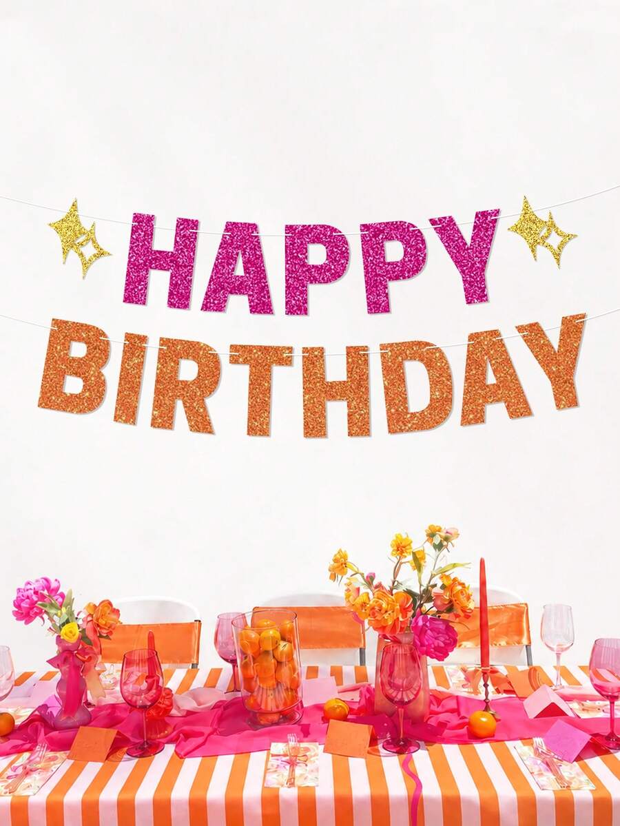 1pc Pink And Orange Glitter Happy Birthday Banner With Gold Stars, Bright Color Birthday Party Garland, Suitable For Girls And Women, Summer Birthday Party Decoration, Photo Backdrop, Dessert Table Party Supplies - Hot Pink Orange - View 1