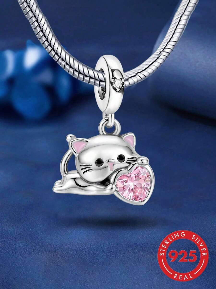 1颗925纯银心形猫咪珠子,适合DIY手链/项链,日常装饰饰品,适合女性和女孩佩戴。 - 款式11 - 查看 1