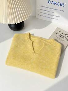 Women's Raglan Small V-Neck Knitted Top, Short Length, High Waist, Ribbed Hem, Soft Skin-Friendly, Spring/Autumn Casual Long Sleeve Base Layer Sweater - Yellow - View 5