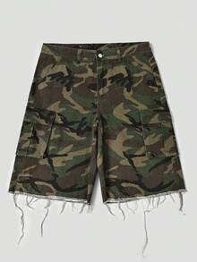 Y2K夏季直筒百搭迷彩牛仔修身百慕達短褲，時尚休閒個性街頭風青年運動學院風，適合日常通勤居家休閒戶外活動好友聚會，實際尺寸偏小 - 軍綠色 - 查看 5