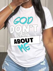 Camiseta de regalo para mujer, casual, de corte holgado, con cuello redondo, estampado gráfico 'God Dont Play About Me', camiseta con declaración religiosa para uso diario y expresión de fe. - Blanco - Ver 1