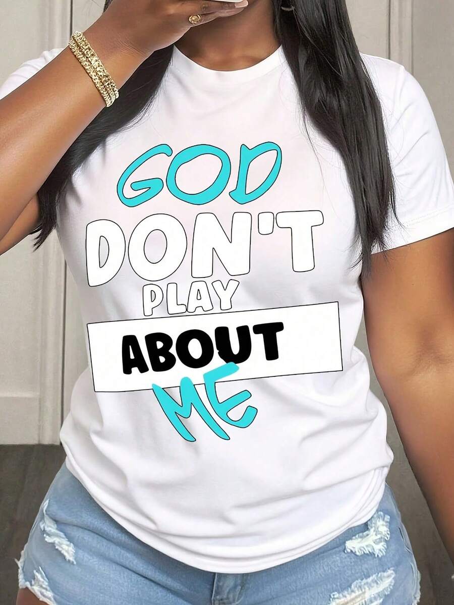 Camiseta de regalo para mujer, casual, de corte holgado, con cuello redondo, estampado gráfico 'God Dont Play About Me', camiseta con declaración religiosa para uso diario y expresión de fe. - Blanco - Ver 1