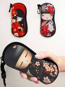 1pc Zipper Eyeglass Case, Cute Girl Red Kimono Design, Neoprene Waterproof Eyeglass Pouch, Universal Size With Keychain, Lightweight Portable Travel Eyeglass Bag, Multi-Functional Storage Bag, Back To School Gift, Holiday Hanging Ornament Essential - Multicolor - View 3