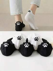 5 Pairs Colorful Cat Paw Summer Breathable Elastic Sports Socks, Popular White Basic Ruffle Socks, Suitable For Campus, Gym, Wedding, Daily Wear, Christmas Gift, Women's Socks - Multicolor - View 13