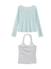 2pcs/Set Atasan Tank Top Wanita Slim Fit dengan Tali Bahu Tipis Motif Garis-garis, Gaya Elegan - Baby Blue - View 4
