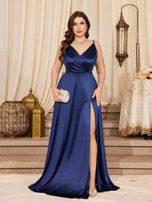 Vintage 1950s Plus Size Cross Neck Slit Thigh Formal Dress - Navy Blue - View 1
