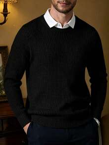 Men's Autumn/Winter Fashion Casual Versatile Solid Color Jacquard Sweater, Suitable For Daily Commute And Dating - Black - View 4