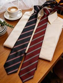 1pc Burgundy Striped Handmade Necktie, Suitable For Casual, Daily, And Streetwear - Multicolor - View 2