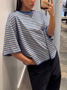 New Fashionable Elegant Striped Round Neck Drop Shoulder Half Sleeve T-Shirt, Suitable For Holidays, School, Vacation And Daily Wear Casual Summer - Blue - View 1
