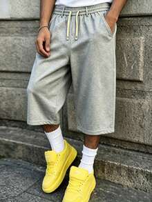 Loose Baggy Pants For Men, Heather Gray Cropped Sweat Pants With Dual Drawstring Waist, Casual 7 Inch Knee Length Pants For Men Daily Outfit Sports - Grey - View 3