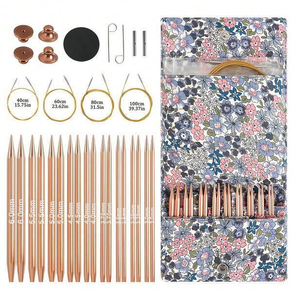 Bolsa de almacenamiento floral con juego de agujas de tejer circulares intercambiables, 9 pares de puntas de agujas de aluminio color oro rosa desmontables con 4 cables conectores suaves de diferentes longitudes + accesorios conectores, bolsa de almacenamiento de agujas de tejer floral, adecuada para proyectos de costura y tejido DIY, tejer bufandas, ropa y talla grande