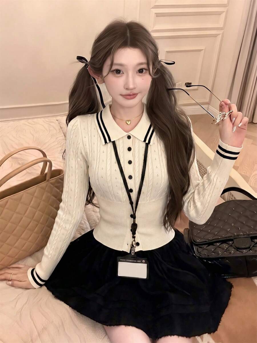 秋冬女款韓式休閒撞色條紋領針織開襟衫,紋理修身長袖上衣,百搭優雅秋季款 - 杏色 - 查看 1