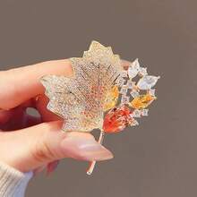 Vintage Luxury Full Rhinestone Maple Leaf Brooch Green Orange Colorful Rhinestone Inlaid Exquisite 3D Leaf Lapel Pin Accessory For Suit Coat - Multicolor - View 7