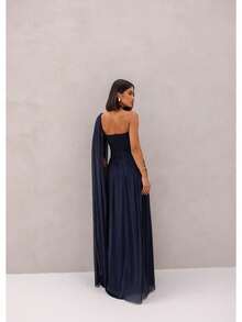 Long, One-Shoulder Party Dress In Dark Nude, Flowing Style, For Bridesmaids/Dates/Graduations/Guests. - Navy Blue - View 2