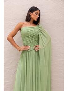 Long, One-Shoulder Party Dress In Dark Nude, Flowing Style, For Bridesmaids/Dates/Graduations/Guests. - Mint Green - View 1